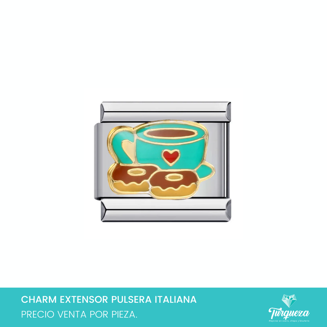 Dije Charm Cafe y Donas para Pulsera Tipo Italiana Plateado Acero Inoxidable
