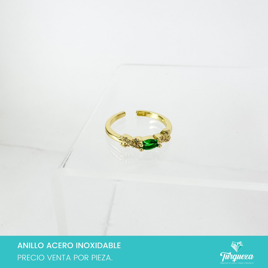 Anillo Zirconia Verde Ajustable Dorado Acero Inoxidable