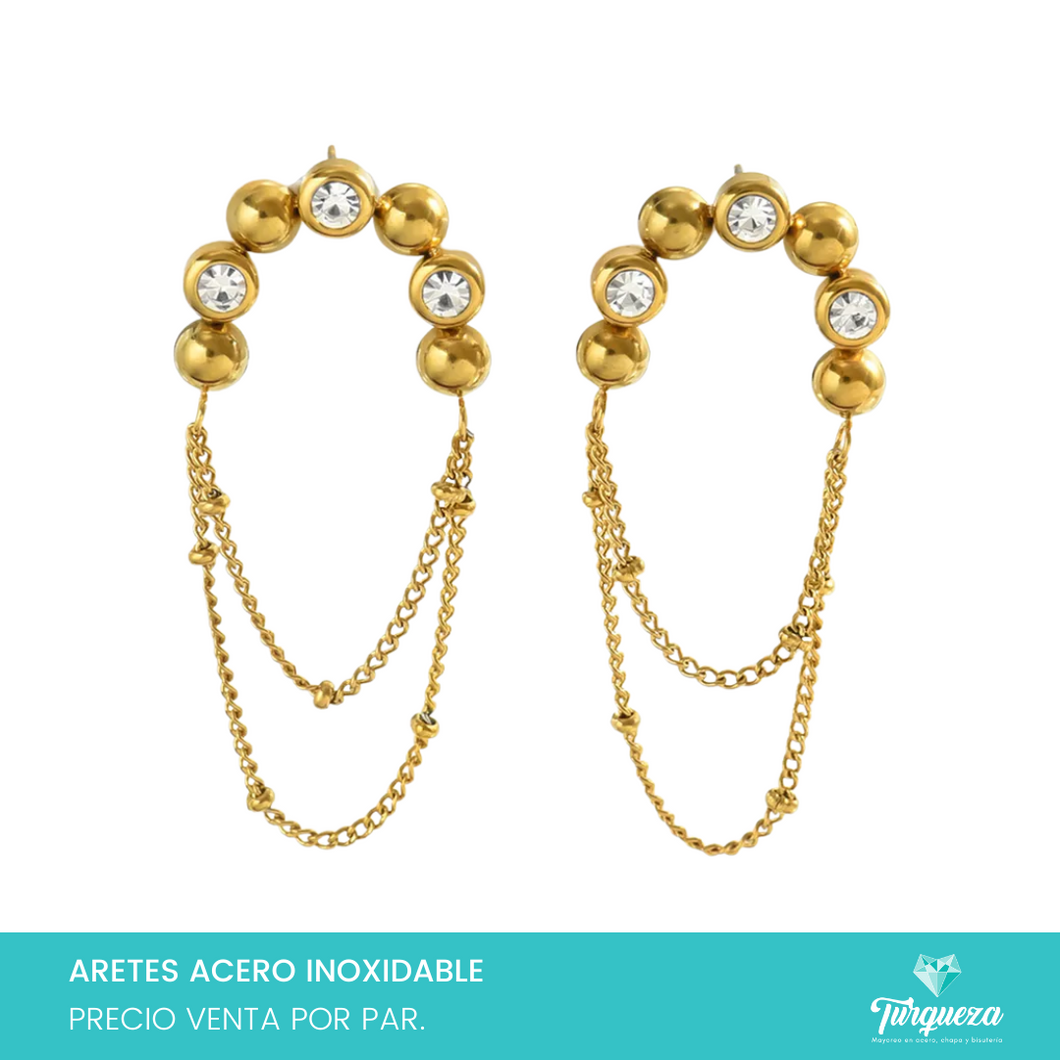 Arete Arco con Zirconias y cadenas Dorado  (4cm)  Acero Inoxidable