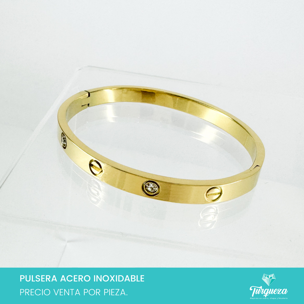 Brazalete Diseño Tornillo y Zirconias Dorado Acero Inoxidable