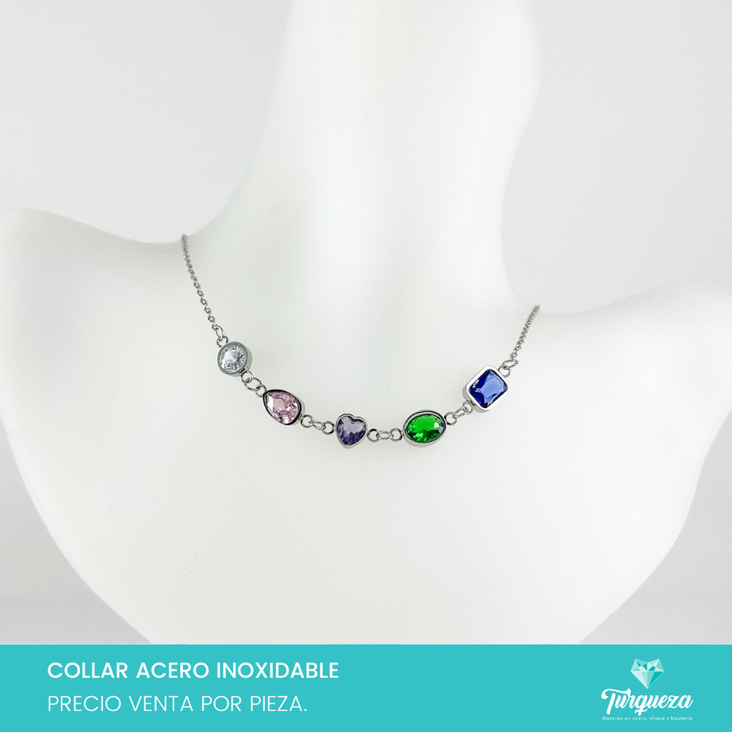 Collar Choker 5 Zirconias Multicolor Figuras Plateado Acero Inoxidable