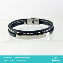 Cargar imagen en el visor de la galería, Brazalete Vinipiel Negro Doble Tira (20cm-1cm) Acero Inoxidable
