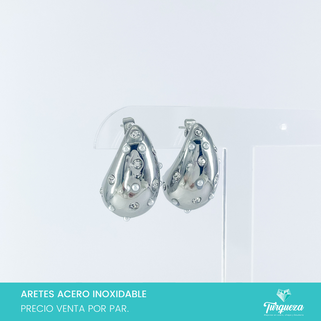 Aretes Dupes Gota Zirconias y Perlas Plateado 3cm Acero Inoxidable