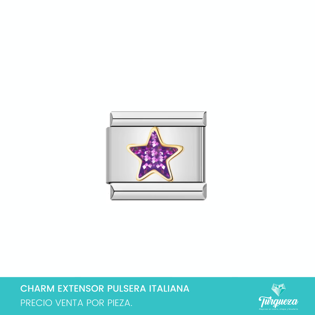 Dije Charm Estrella Morada para Pulsera Tipo Italiana Plateado Acero Inoxidable