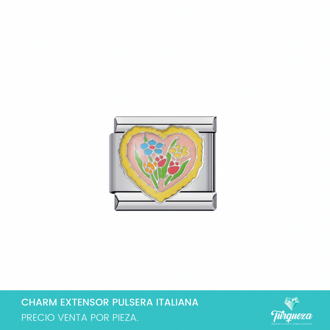 Dije Charm Corazon Flores para Pulsera Tipo Italiana Plateado Acero Inoxidable