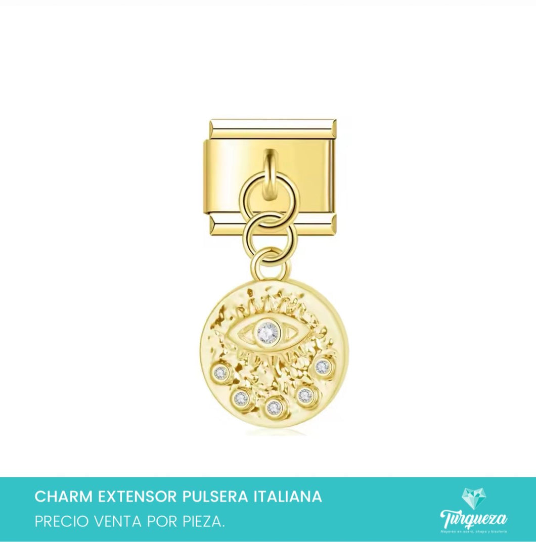 Dije Charm Ojo Zirconias Colgante para Pulsera Tipo Italiana Dorado Acero Inoxidable