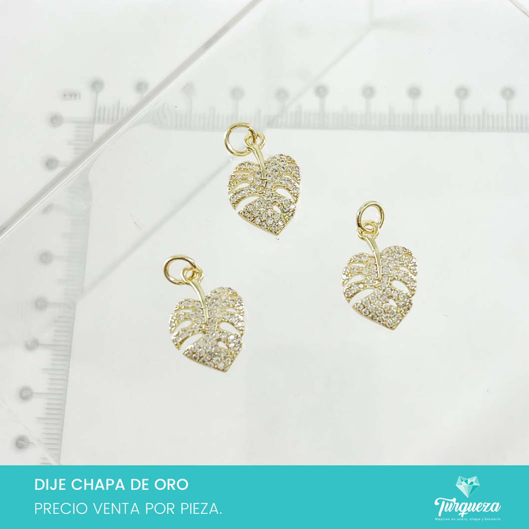 Dije Hoja Tropical Zirconias Chapa de Oro