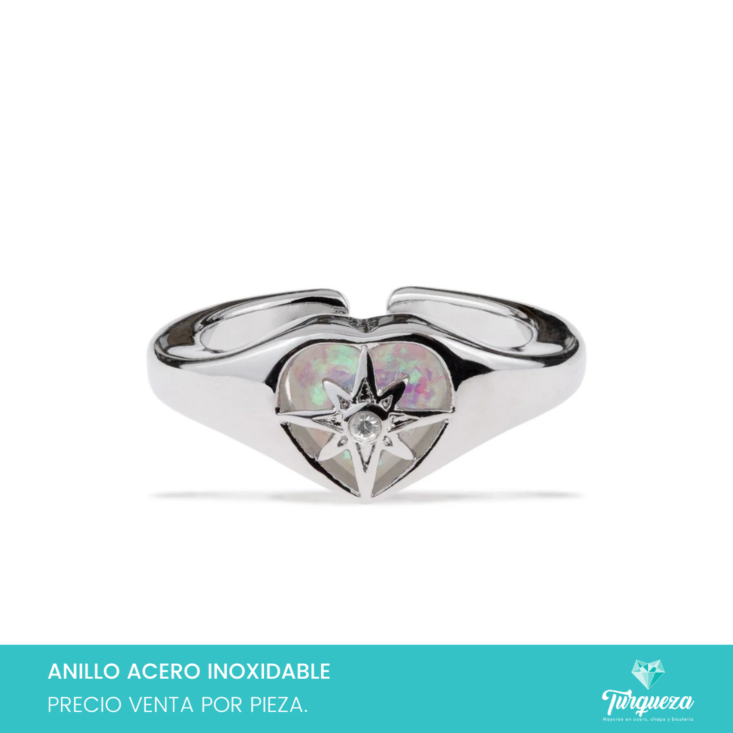 Anillo Corazon con Destello Plateado Acero Inoxidable