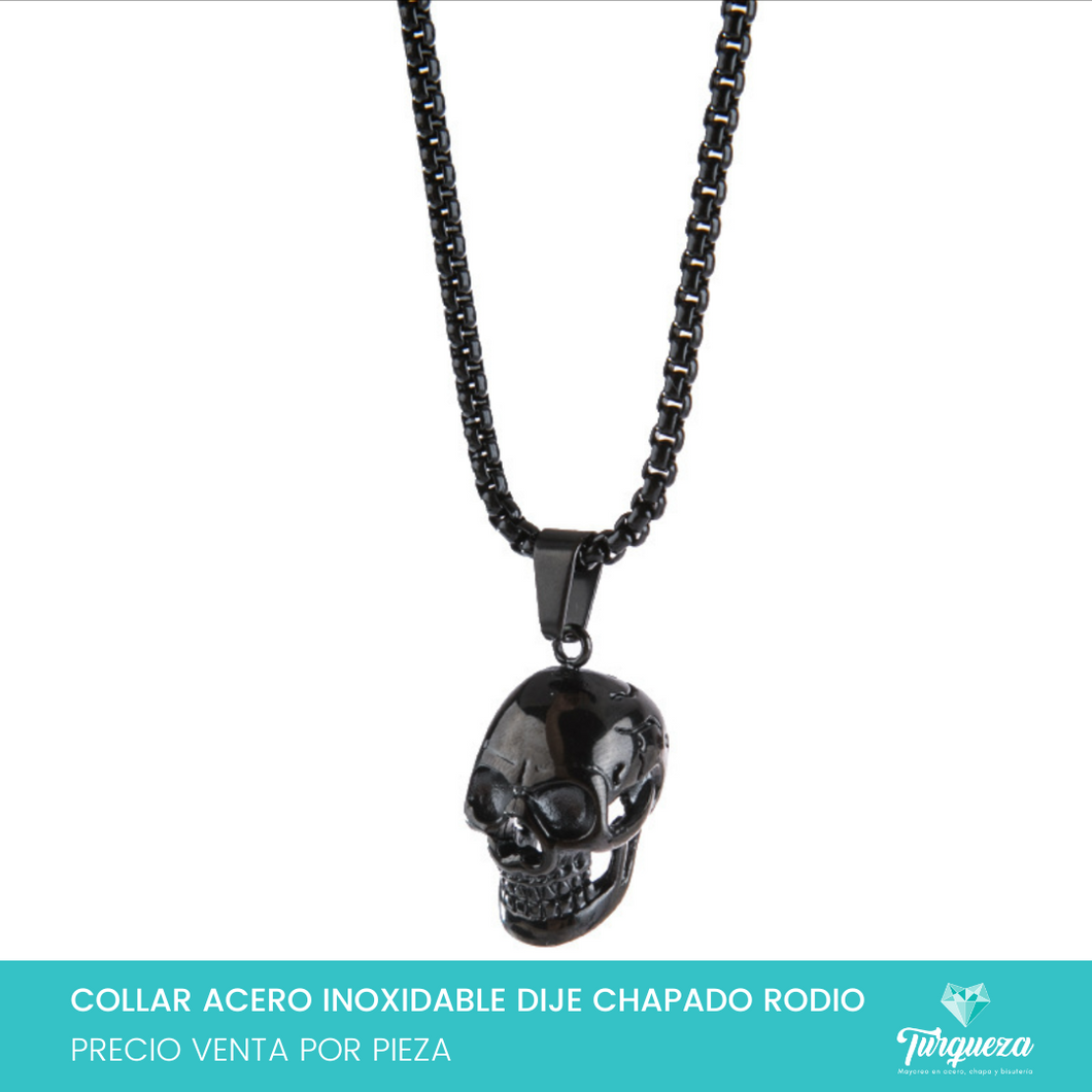 Collar Calavera Negra Chapeado Rodio