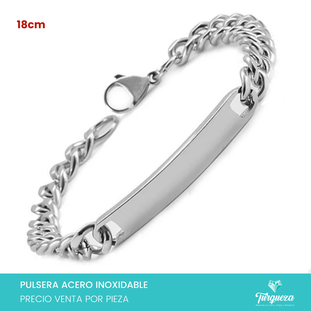 Pulsera Cubana con Placa Plateada (19cm-5mm) Acero Inoxidable