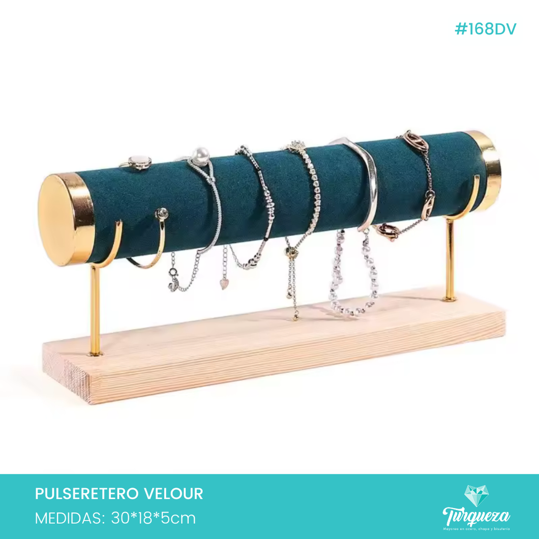 Exhibidor Pulseretero Tubo Tela Terciopelo Verde Dorado / Madera
