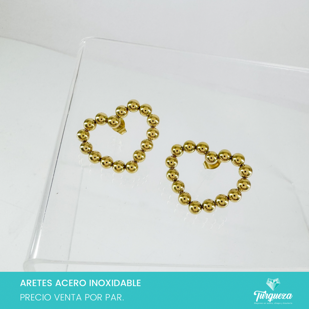 Arete Corazon Bolitas Dorado 2cm Acero Inoxidable