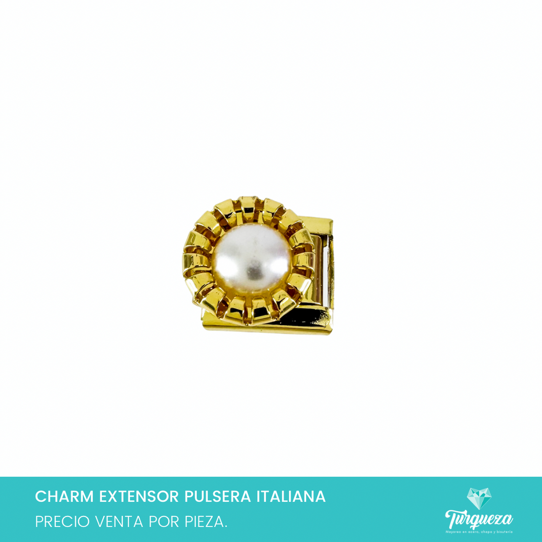 Dije Charm Flor Perla 3D para Pulsera Tipo Italiana Dorado Acero Inoxidable