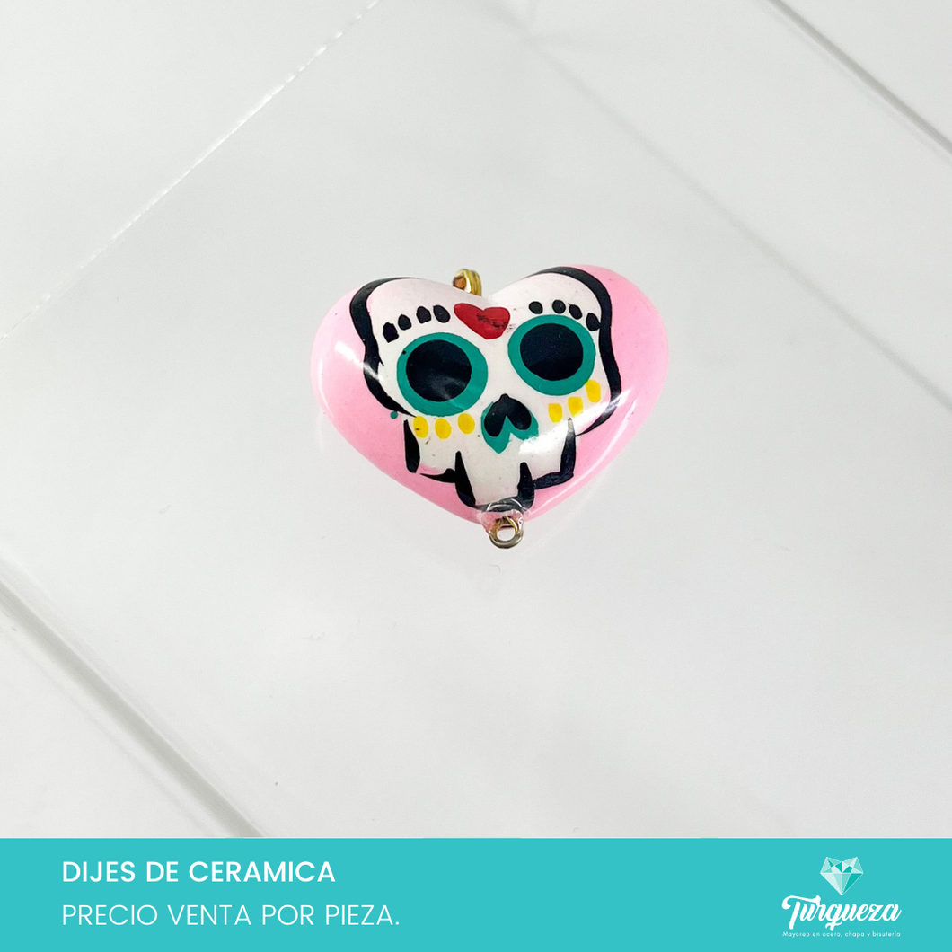 Dije Corazon Catrina Rosa Claro (3x4cm) Ceramica