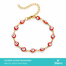 Load image into Gallery viewer, Pulsera Ojo Turco Rojo Dorada (18cm-6mm) Acero Inoxidable
