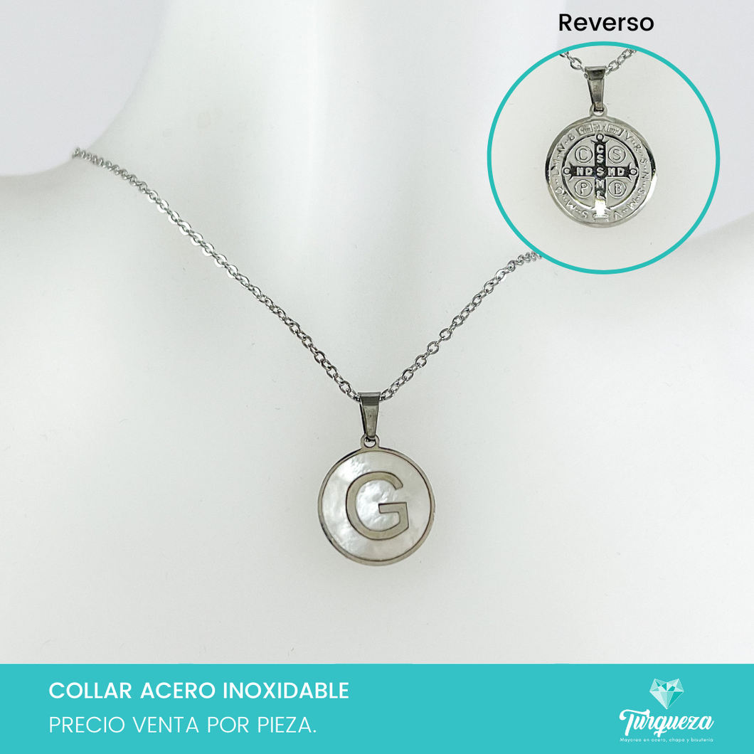 Collar INICIAL - LETRA Clasico Perla Madre Con San Benito Plateado Acero Inoxidable