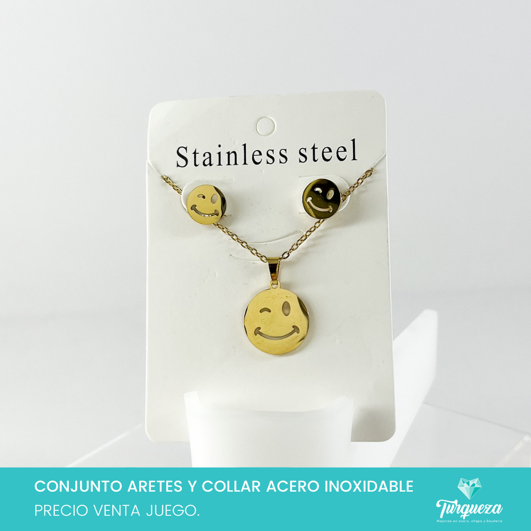 Conjunto Cara Feliz Guiño  Dorado Acero Inoxidable