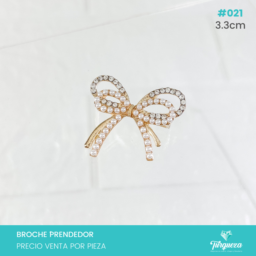 Broche Prendedor Moño Dorado con Perlas y Zirconias (3.3cm) #021