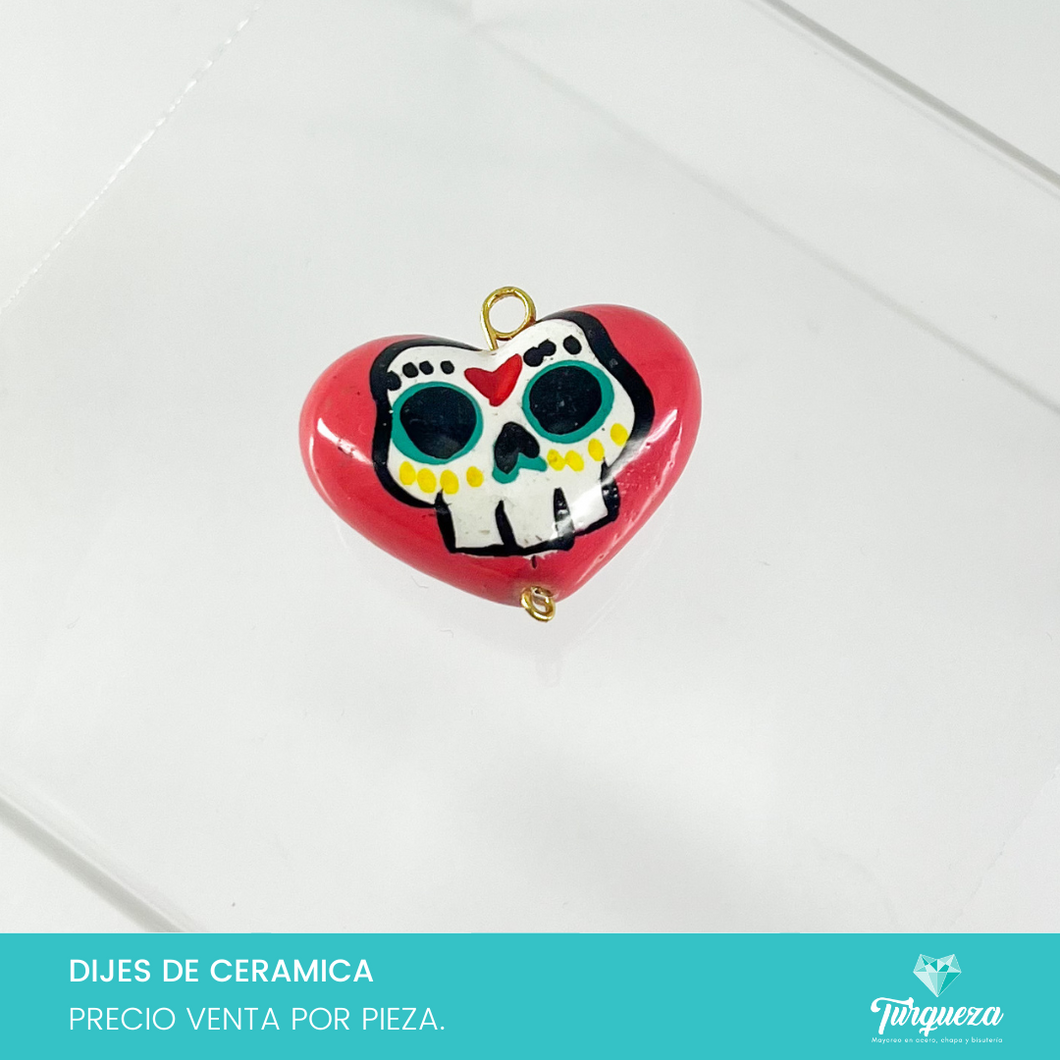 Dije Corazon Catrina Rosa Fuerte (3x4cm) Ceramica