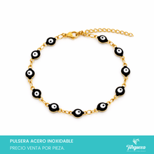 Load image into Gallery viewer, Pulsera Ojo Turco Negro Dorada (18cm-6mm) Acero Inoxidable
