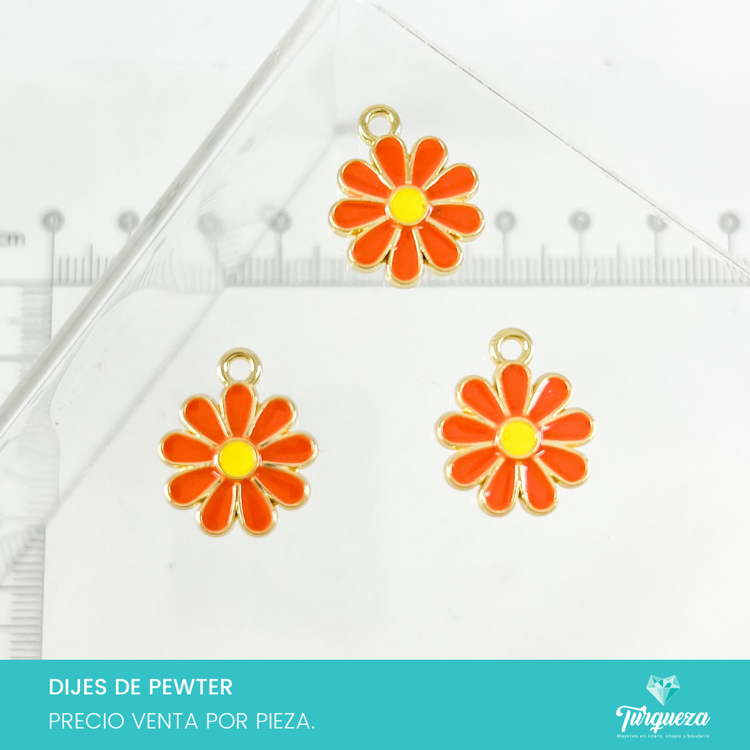 Dije Flor Margarita Naranja Esmaltado Dorado (1.5x1.5cm) Pewter