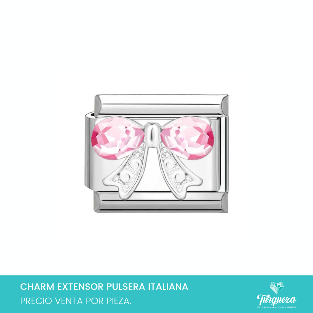 Dije Charm Moño Zirconias para Pulsera Tipo Italiana Plateado Acero Inoxidable