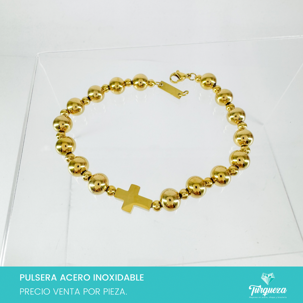 Pulsera Balin Cruz Dorado Acero Inoxidable