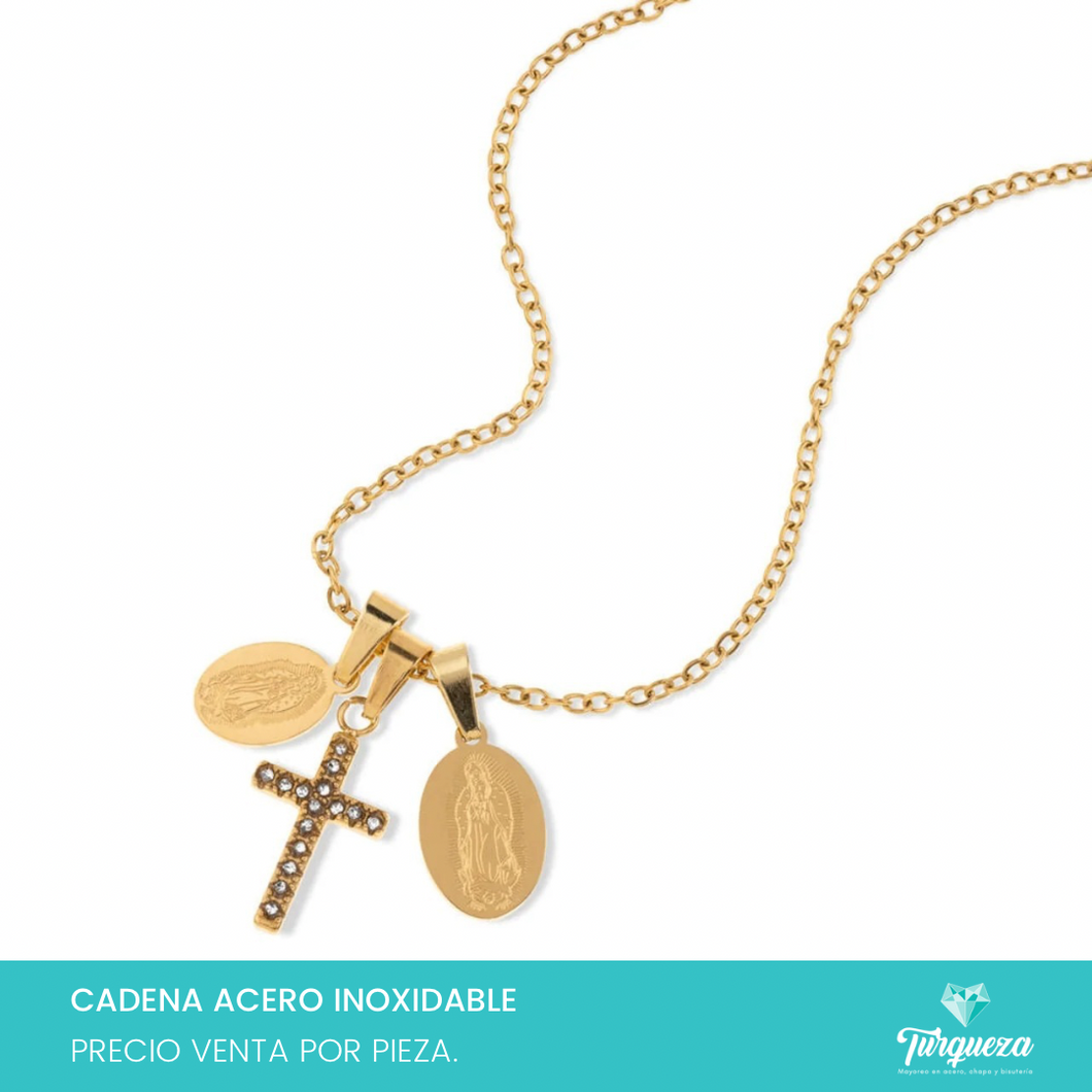 Collar Cruz y Virgen Dorado Acero Inoxidable