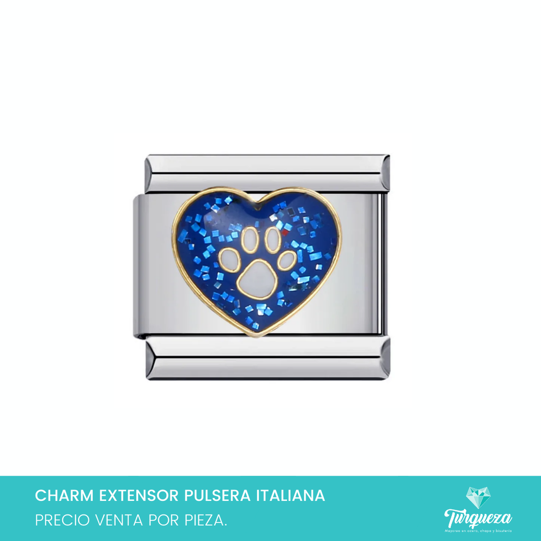 Dije Charm Corazon Huella Azul para Pulsera Tipo Italiana Plateado Acero Inoxidable