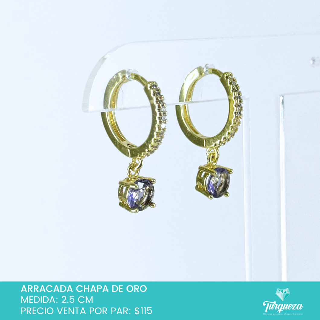 Arracada con Zirconia Redonda Azul Chapa De oro