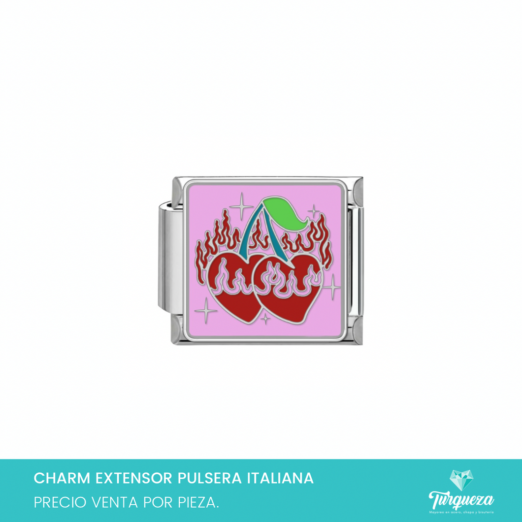 Dije Charm Cerezas Fuego para Pulsera Tipo Italiana Plateado Acero Inoxidable