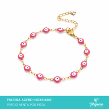 Load image into Gallery viewer, Pulsera Ojo Turco Rosa Dorada (18cm-6mm) Acero Inoxidable
