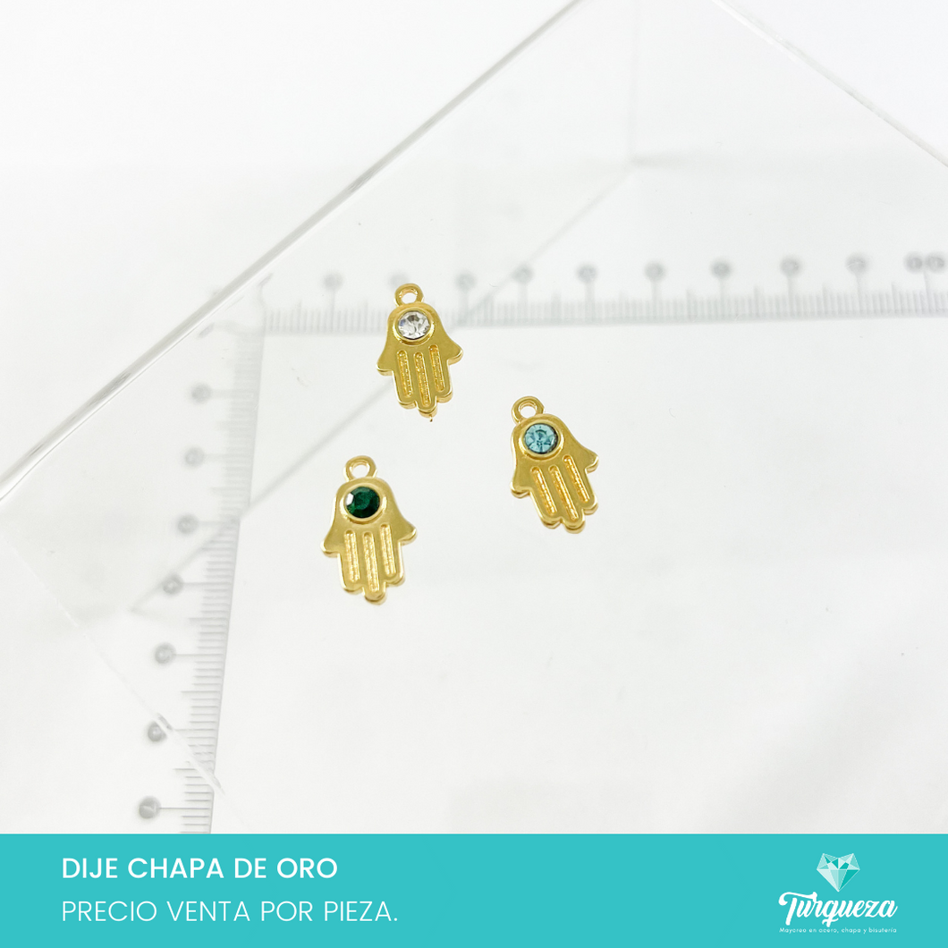 Dije Mano Hamsa Con Centro Zirconia de Color Chapa de Oro