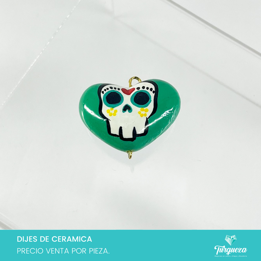 Dije Corazon Catrina Verde Oscuro(3x4cm) Ceramica