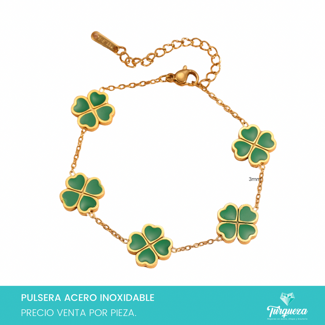 Pulsera Trebol Verde Doble Cara Dorada Acero Inoxidable