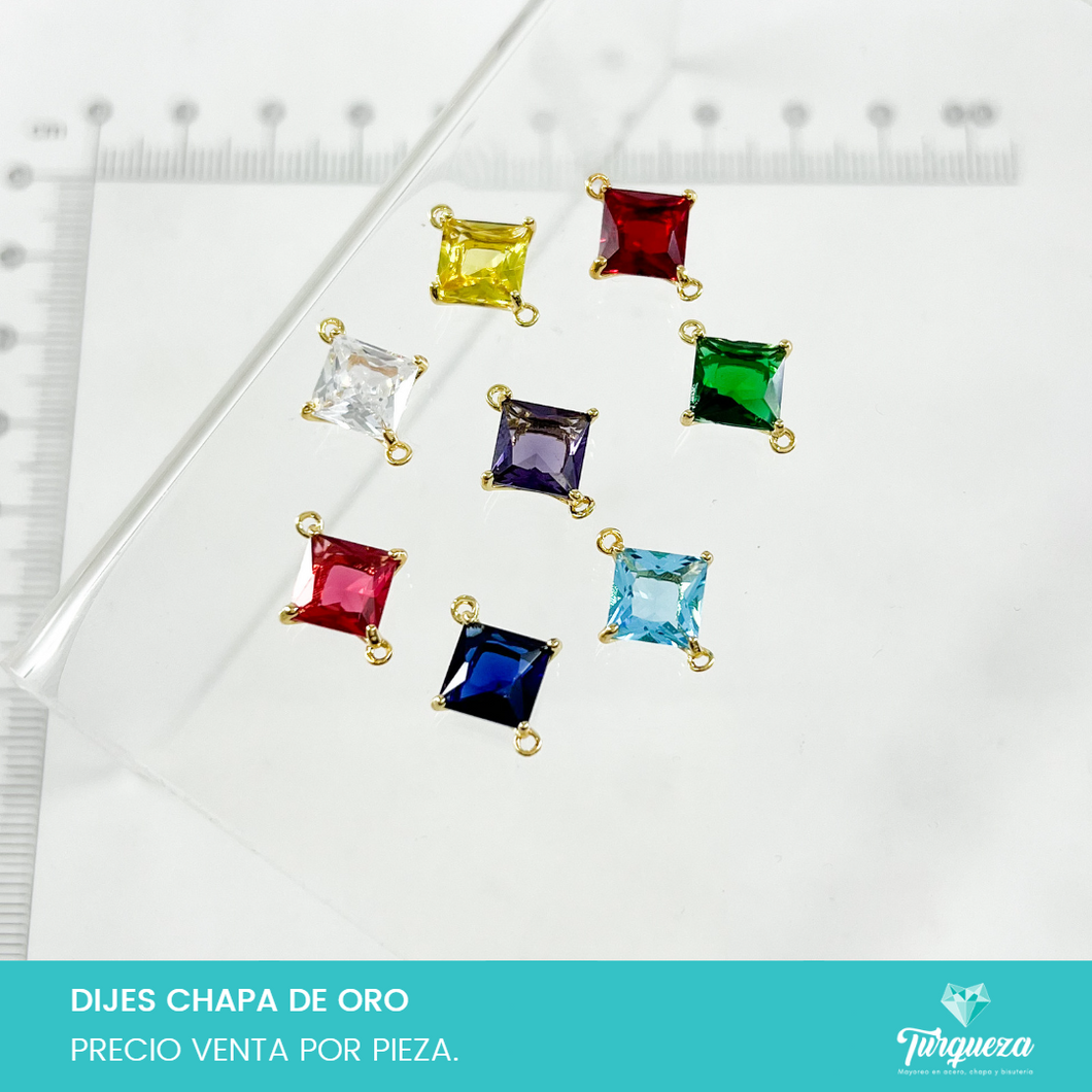 Dije Cuadrado Conector Zirconia Varios Colores Chapa de oro