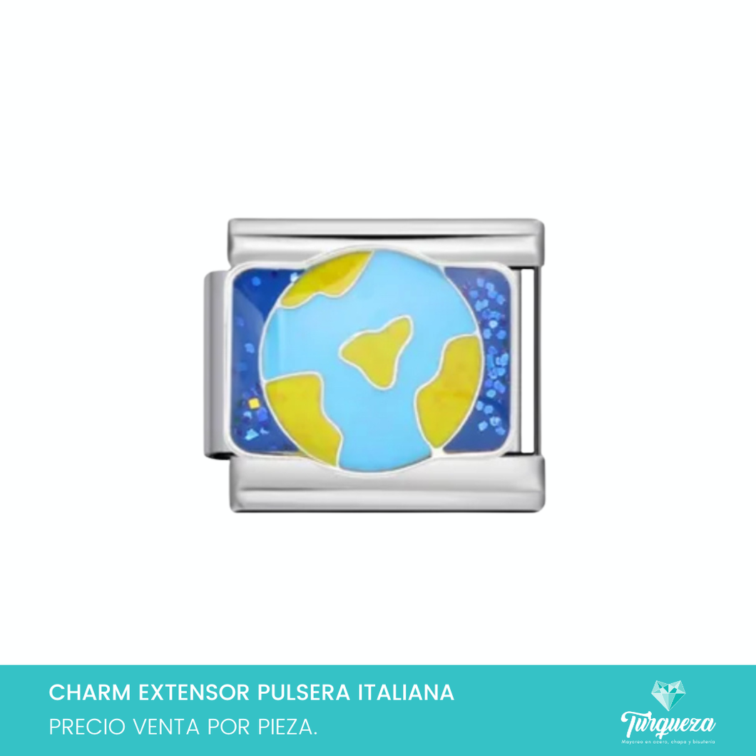 Dije Charm Mundo para Pulsera Tipo Italiana Plateado Acero Inoxidable
