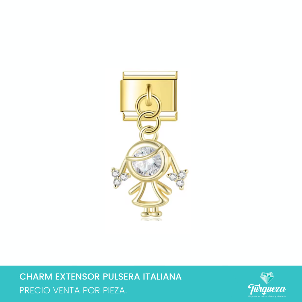 Dije Charm Niña Zirconia Colgante para Pulsera Tipo Italiana Dorado Acero Inoxidable