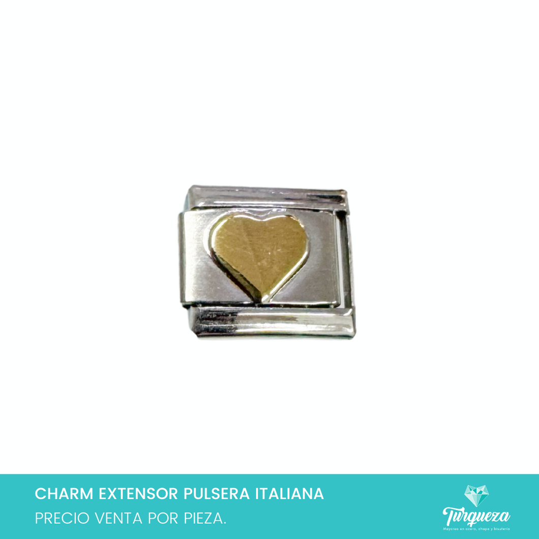 Dije Charm Corazón Dorado para Pulsera Tipo Italiana Plateado Acero Inoxidableo