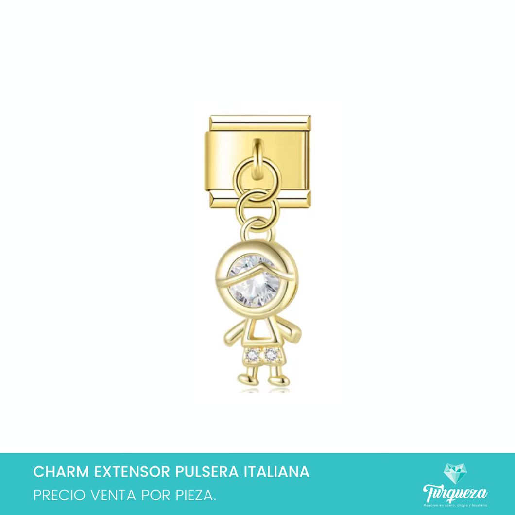 Dije Charm Niño Zirconia Colgante para Pulsera Tipo Italiana Dorado Acero Inoxidable