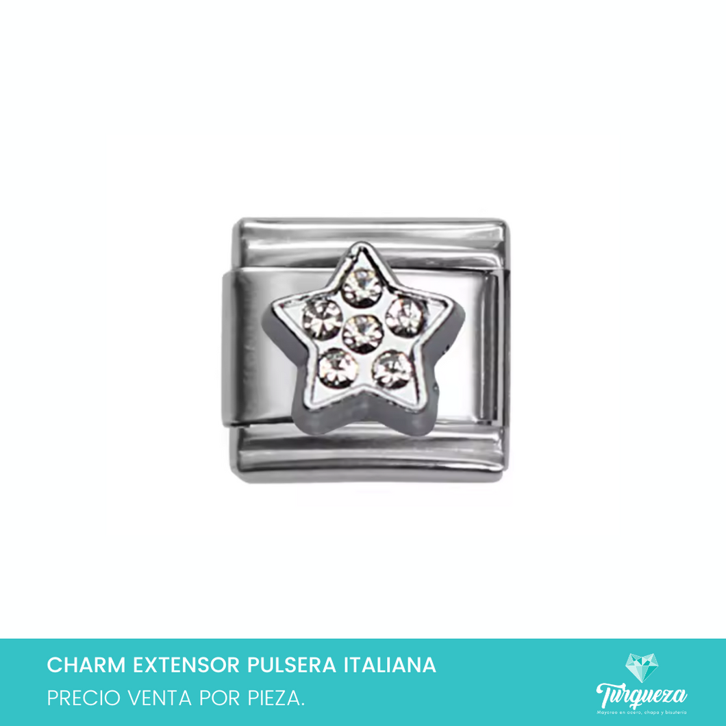 Dije Charm Estrella Zirconias para Pulsera Tipo Italiana Plateado Acero Inoxidable