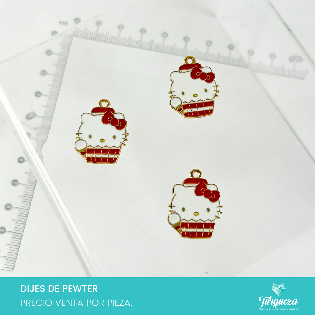 Dije Hello Ki tt y Cupcake Rojo con Blanco Esmaltado  (2.2x1.6cm) Pweter