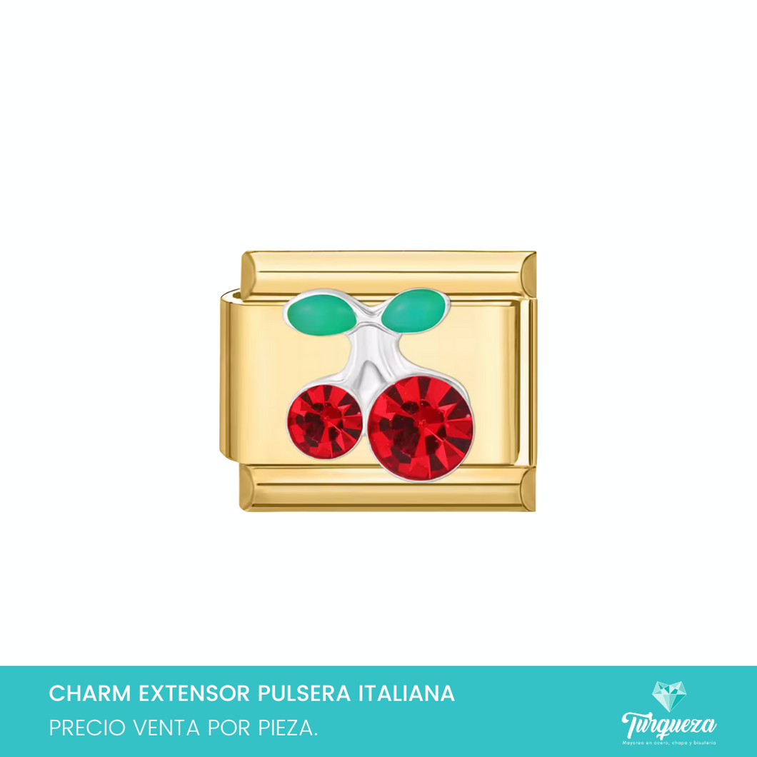 Dije Charm Cerezas Zirconias para Pulsera Tipo Italiana Dorado Acero Inoxidable