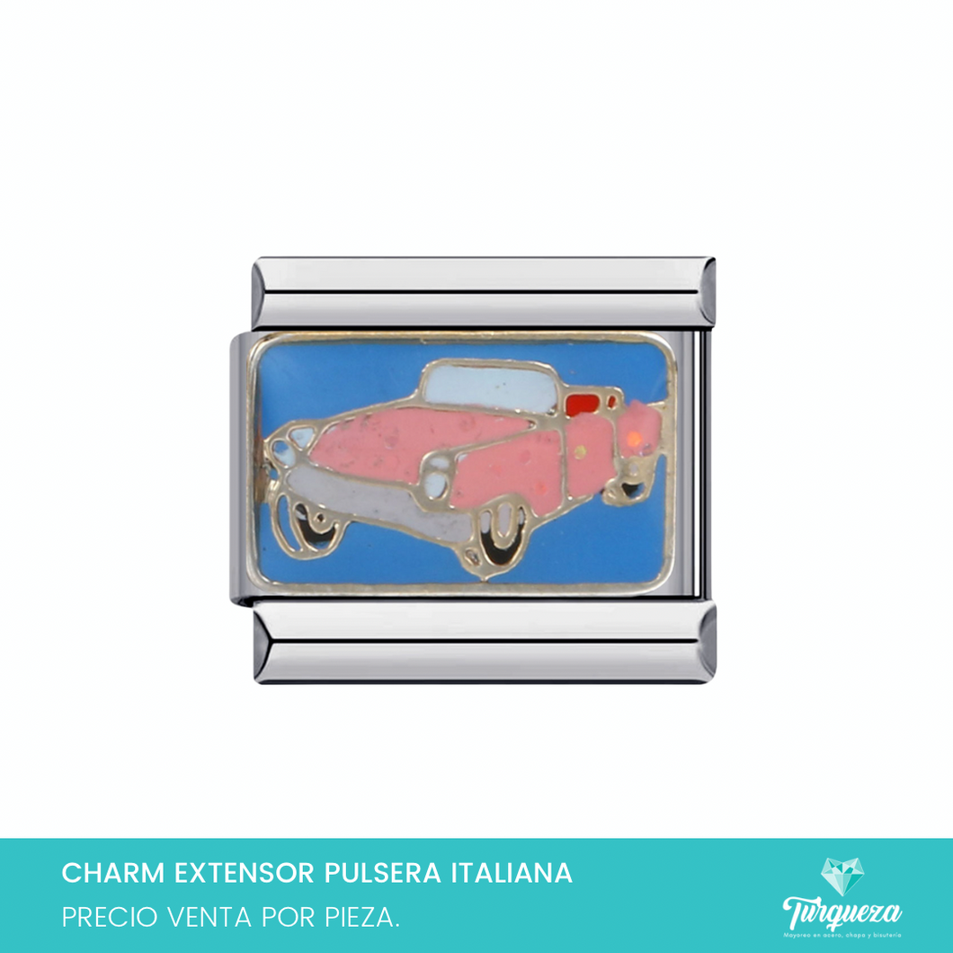 Dije Charm Carro Rosa para Pulsera Tipo Italiana Plateado Acero Inoxidable