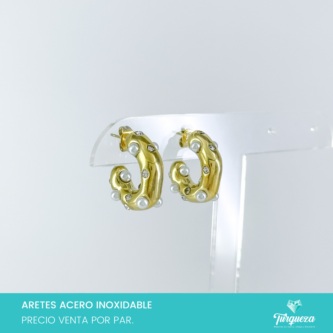 Aretes Arracadas Con Perlas y Zirconias Incrustadas 2cm Doradas Acero Inoxidable