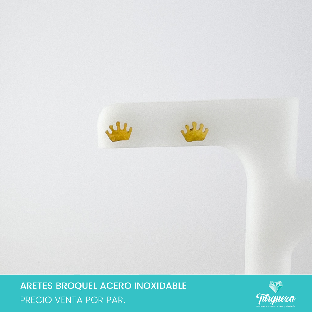 Aretes Broquel Corona 5 Picos Dorado Acero Inoxidable