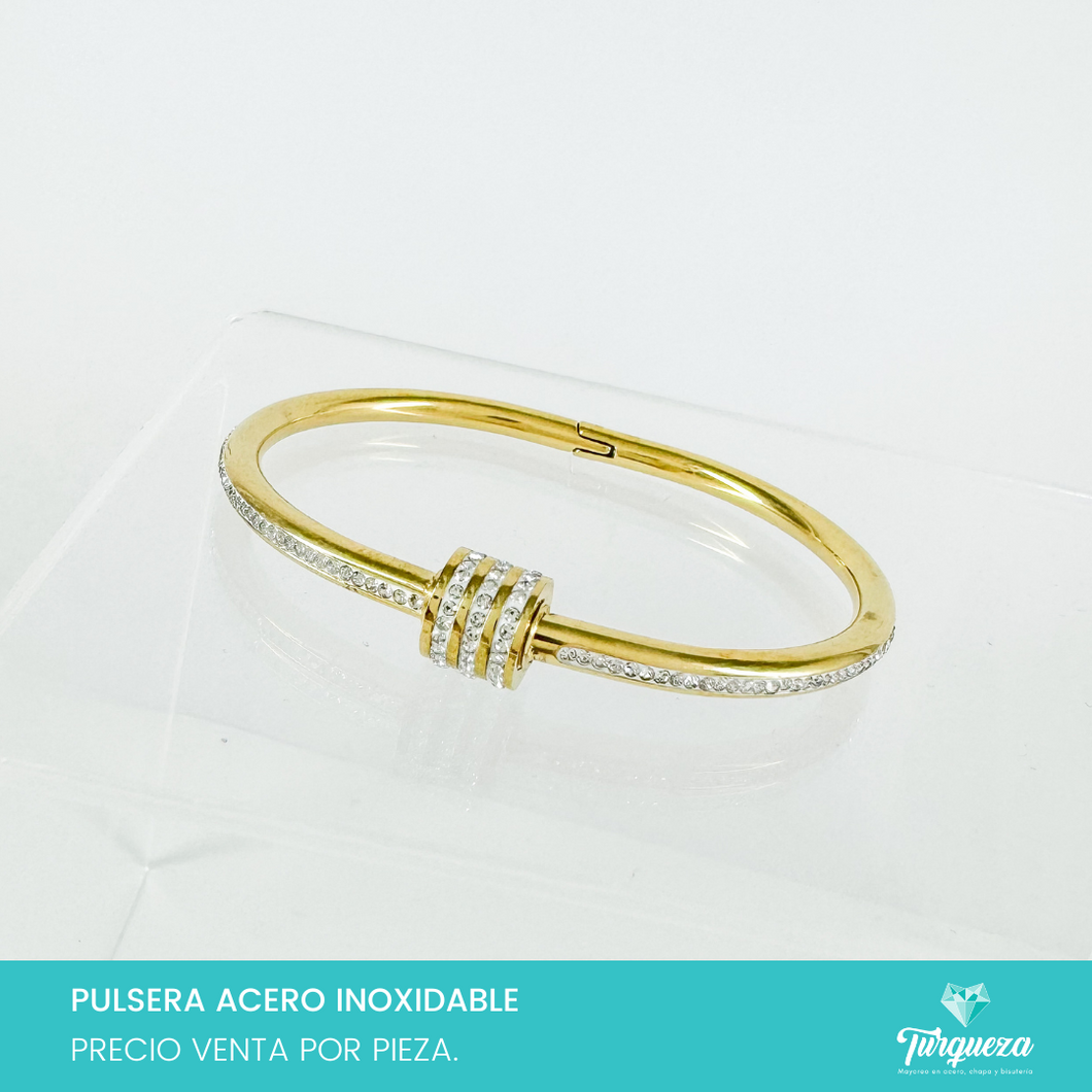 Brazalete Rueda Zirconias Dorado Acero Inoxidable