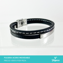Cargar imagen en el visor de la galería, Brazalete Vinipiel Negro Doble Tira (20cm-1cm) Acero Inoxidable
