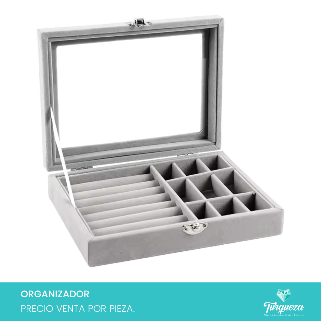 Joyero Velour Gris Estuche Organizadora de Joyería