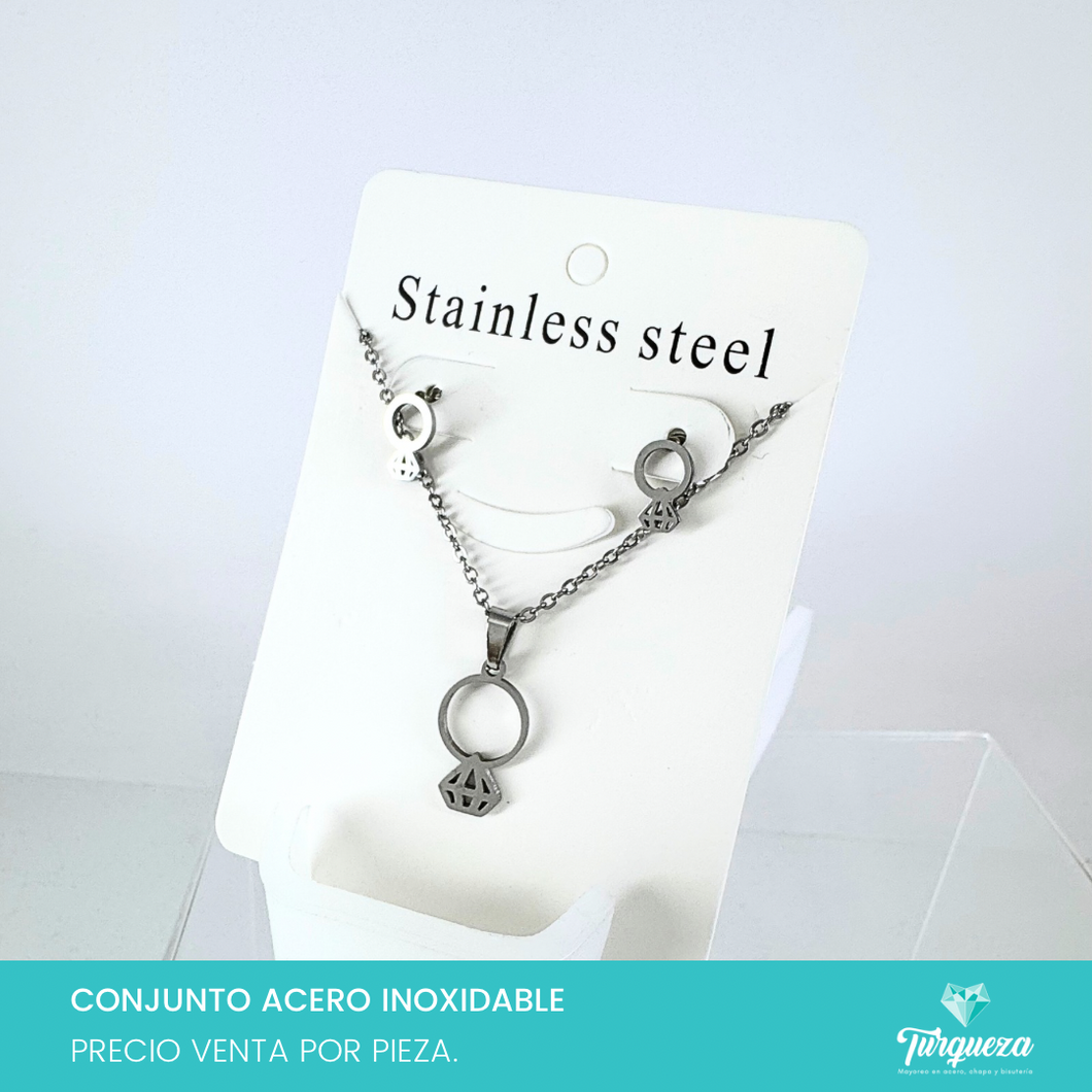 Conjunto Anillo Plateado Acero Inoxidable